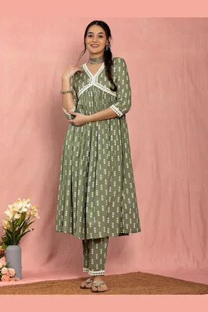 HERE&NOW Floral Printed Anarkali Empire Pure Cotton Kurta with Trousers