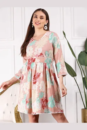 Ishin Floral Printed Flared Sleeves Sequinned Fit & Flare Dress