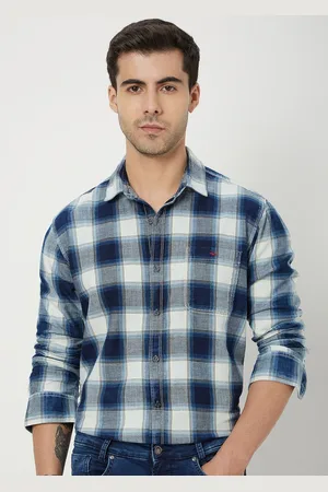 Mufti Slim Fit Tartan Checks Spread Collar Long Sleeve Pocket Cotton Casual Shirt