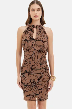 Kazo Halter Neck Floral Print Satin Sheath Dress