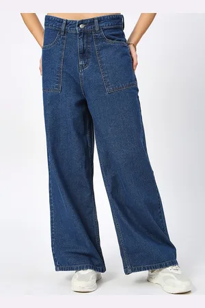 HJ HASASI Women Wide Leg High Rise Clean Look Cotton Jeans