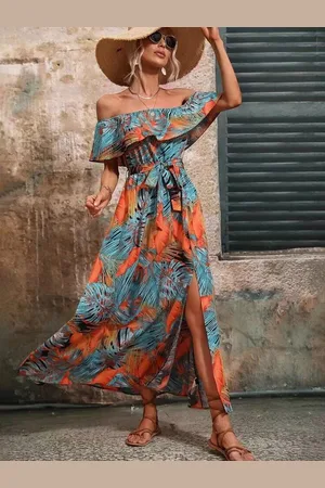 Mast & Harbour Floral Printed Off-Shoulder Fit And Flare Maxi Dress
