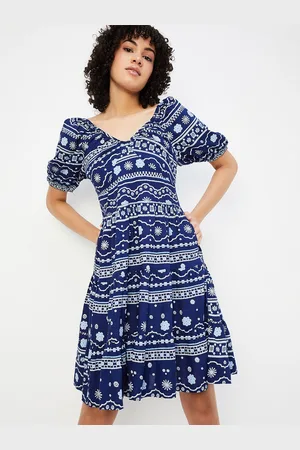 Max Collection Ethnic Motifs V Neck Printed Puff Sleeve Fit & Flare Dress