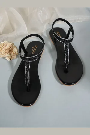 Scentra Women Embellished Ankle Loop Open Toe T-Strap Flats