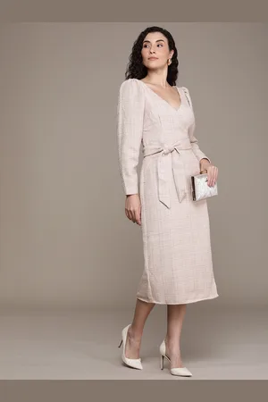 French Connection Embellished V-Neck Puff Sleeve Wrap Midi Party Dress