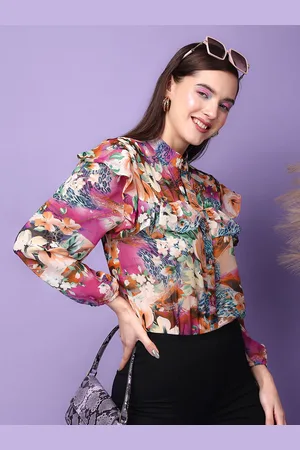 Cation Women Floral Printed Mandarin Collar Casual Shirt