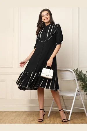 DEEBACO Women Mandarin Collar Puff Sleeve Shirt Dress