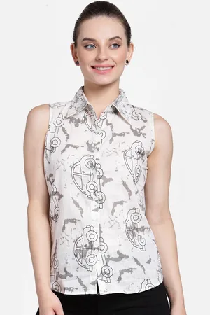 Cation Women Off-White & Black Printed Casual Sleeveless Shirt
