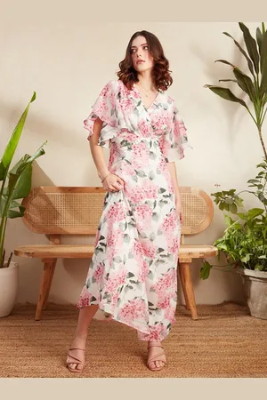 Berrylush White Floral Printed Flutter Sleeve Gathered Georgette Wrap Dress