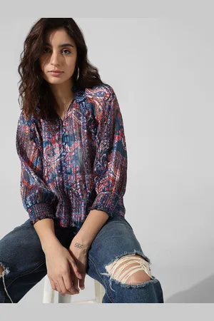ONLY Ethnic Motifs Printed Mandarin Collar Smocked Puff Sleeves Top