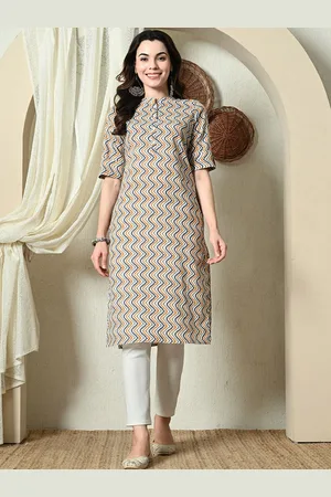 Cayman Mandarin Collar Short Sleeves Cotton Chevron Printed Straight Kurta