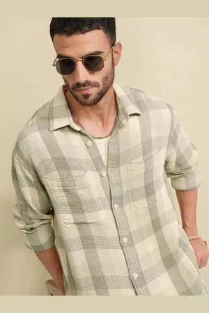 LocoMotive Men Premium Waffle Dobby Checked Utility Pocket Oversized Overshirt