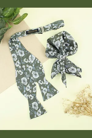 PELUCHE Men Olive Modish Finesse Floral Printed Open Bow Tie & Pocket Square Set