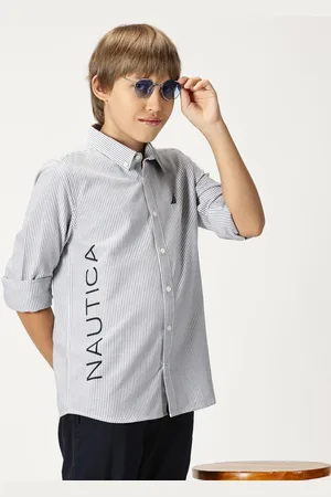 Nautica Boys Button Down Collar Roll-Up Sleeves Premium Cotton Striped Casual Shirt
