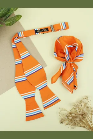 PELUCHE Men Orange Snappy Striped Open Bow Tie & Pocket Square Set
