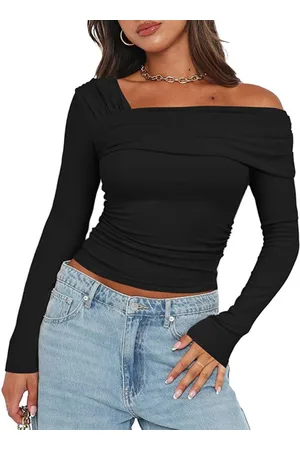 all about you Black Asymmetric Neck Gathered Detailed Fitted Crop Top
