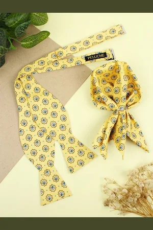 PELUCHE Men Yellow Micro Floral Dynasty Open Bow Tie & Pocket Square Set