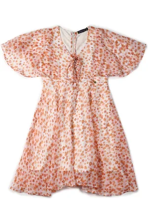 Allen Solly Girls Floral Printed Tie-Up Neck Gathered Cotton Fit & Flare Dress