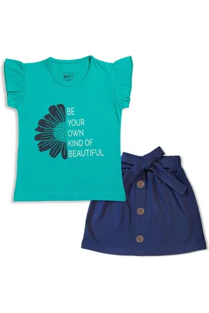 BAESD Girls Round Neck Flutter Sleeves Printed Pure Cotton Top with Skirt