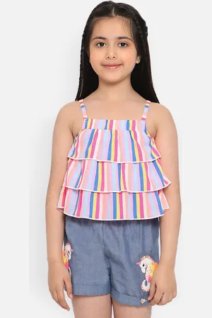 Nauti Nati Girls Striped Ruffles Shoulder Straps Top with Shorts