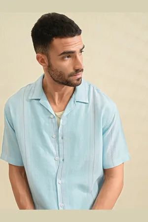 LocoMotive Men Premium Dobby Textured Checked Cuban Collar Relaxed Shirt