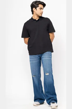 FREAKINS Men Wide Leg Low Distress Heavy Fade Cotton Jeans