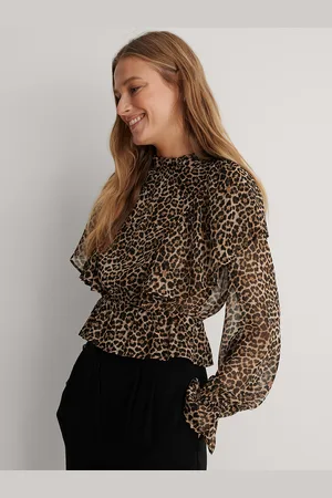 NA-KD Women Black & Brown Leopard Print Ruffle Peplum Top