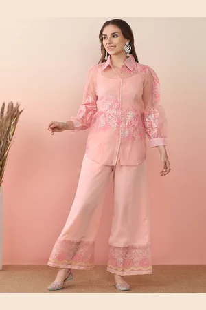 Ahalyaa Pink Shoulder Straps Top & Palazzo With Jacket