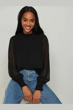 NA-KD Women Black Self-Design Dobby Weave Smocked Top