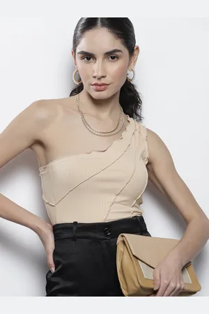 NA-KD Beige Solid Ribbed One Shoulder Top