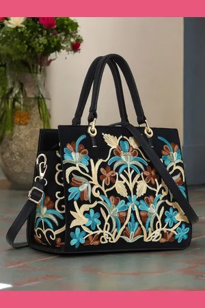 EXOTIC Floral Embellished PU Structured Tote Bag with Cut Work