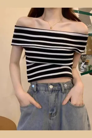 Stylecast Black Girls Striped Off-Shoulder Bardot Crop Top