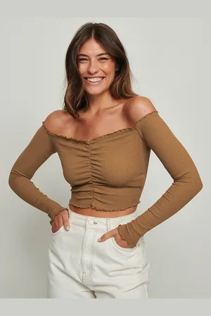 NA-KD Brown EcoVero Ribbed Ruched Off-Shoulder Crop Top