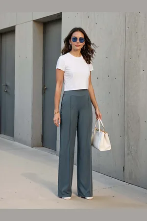 BlissClub Women Tailored Loose Fit High-Rise Wrinkle Free Pleated Trouser