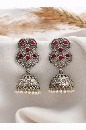 Dastoor Silver Plated Stone Studded & Beaded Contemporary Oxidise Jhumkas