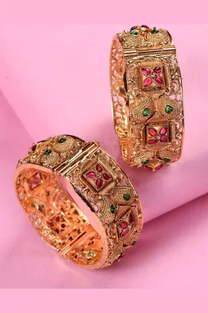 Saraf RS Jewellery Set Of 2 Gold Plated Kundan Studded Openable Bangles