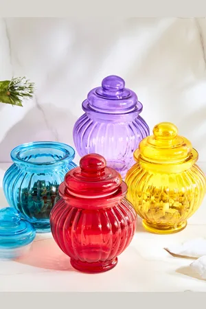 Home Centre 4 Pieces Blue & Purple Glass Jars with Lid 270 ml