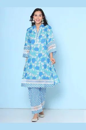 Bhama Couture Women Floral Printed Mandarin Collar Pure Cotton Kurta With Trousers
