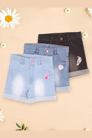 CUTECUMBER Girls Pack of 3 Mid-Rise Above Knee Embellished Regular Fit Denim Shorts