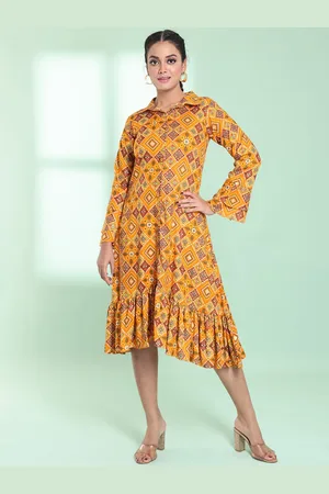 Charukriti Bandhani Printed Shirt Collar A-Line Midi Dress