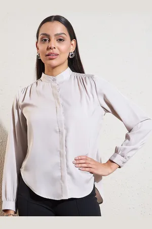 DENNISON Women Gathers Mandarin Collar Smart Casual Shirt