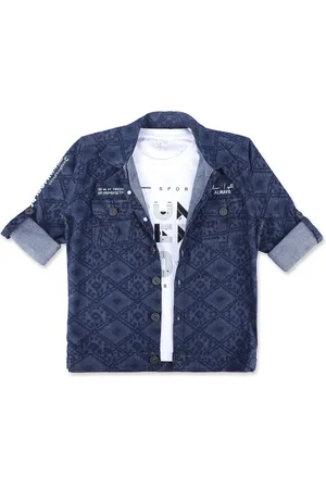CAVIO Boys Standard Floral Printed Denim Spread Collar Casual Shirt With Tshirt
