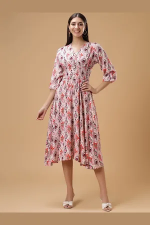 Bani Women Floral Print Puff Sleeves Smocked Liva Fit & Flare Midi Dress