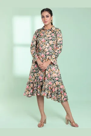 Charukriti Floral Printed Bell Sleeve A-Line Midi Dress