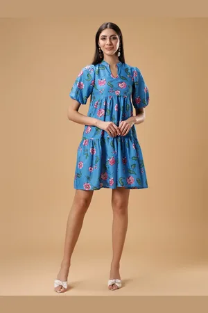 Bani Women Floral Print Mandarin Collar Puff Sleeves Tiered A-Line Dress