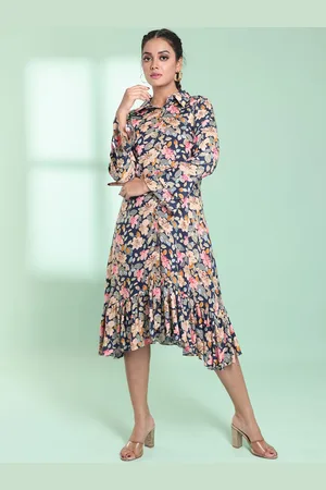Charukriti Floral Printed Bell Sleeve A-Line Midi Dress