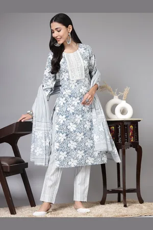 Kalini Floral Printed Regular Thread Work Pure Cotton Kurta ,Trousers & Dupatta