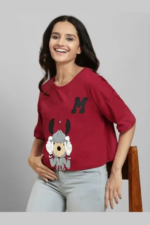 Free Authority Women Mickey Mouse Graphic Printed Pure Cotton Boxy-Fit T-shirt