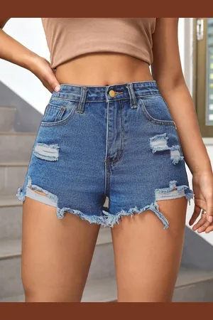Aahwan Women Slim Fit High-Rise Ripped Denim Shorts