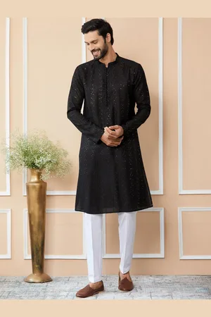 See Designs Mandarin Collar Geometric Printed Thread Work Chanderi Silk Kurta